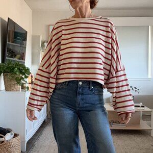 Oversized Red Stripe Cropped Sweatshirt Charlotte Avery One Size